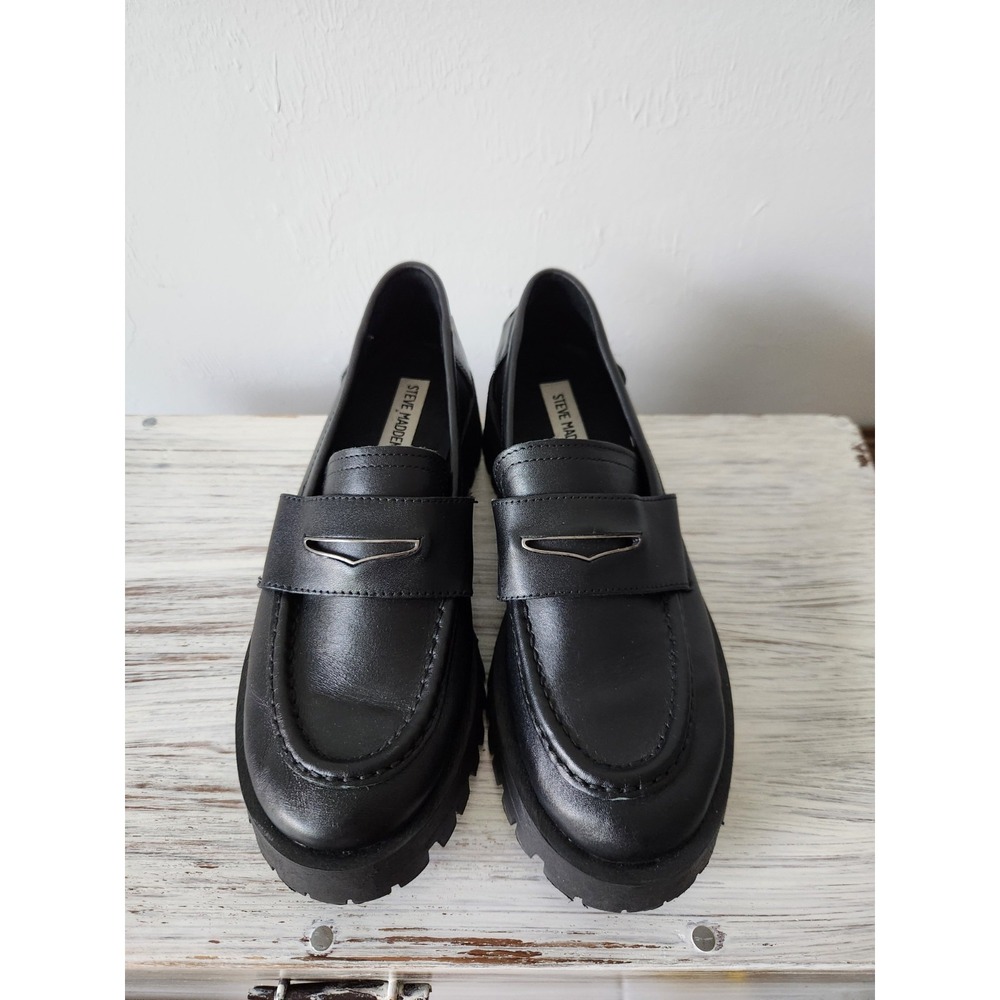 STEVE MADDEN Lawrence Black Leather Slip On Loafers Women's Shoes Size 8M - Picture 4 of 11